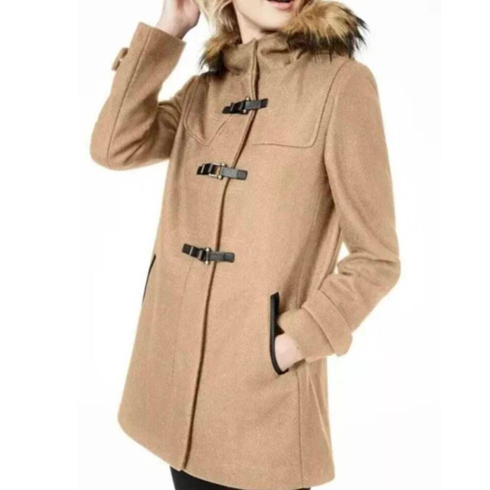 NWOT COLE HAAN Signature Faux Fur Hooded Wool Coat Size 4